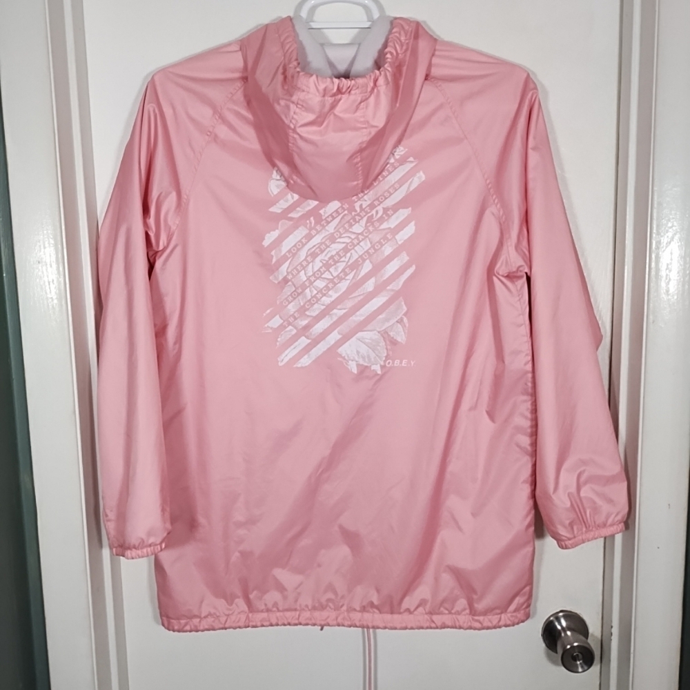 Obey Worldwide L Pink Jacket Rain Coat Snap Hood Defiant Rose Unisex